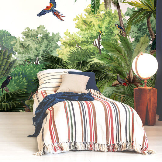Canopy Jungle Wallpaper In Bedroom With Single Stripy Bed