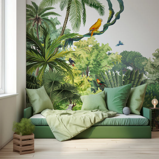 Canopy Jungle Wallpaper In Children's Bedroom With Single Dark Green Bed With Plants