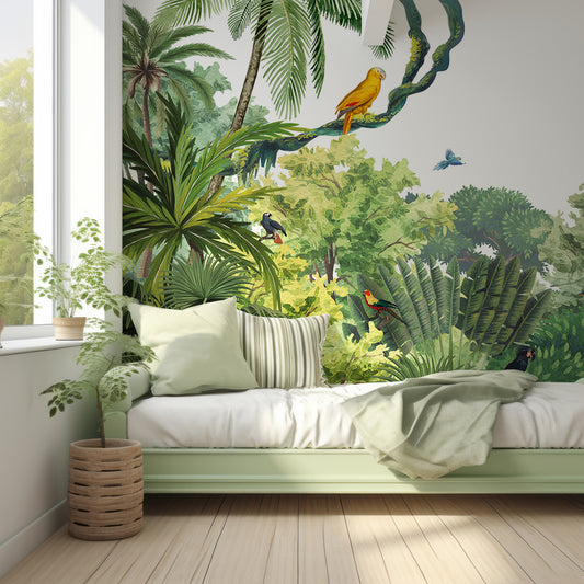 Canopy Jungle Wallpaper In Kid's Bedroom With Green Single Bed With Stripy Cushions And Light Coming Into Room
