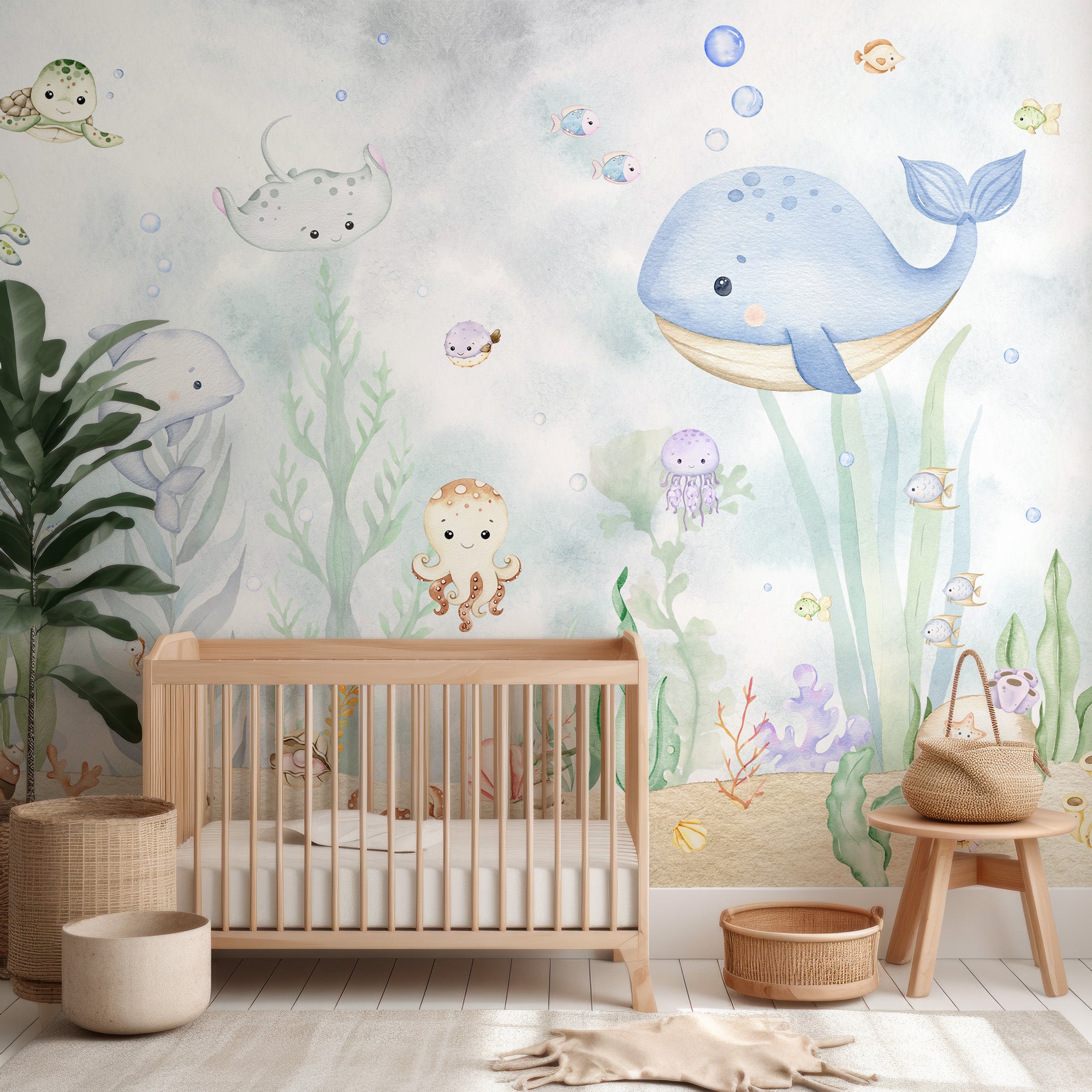 Wall Mural - Baby Watercolour Ocean Life Nursery - Removable Wallpaper (Peel & Stick) - Made to Measure