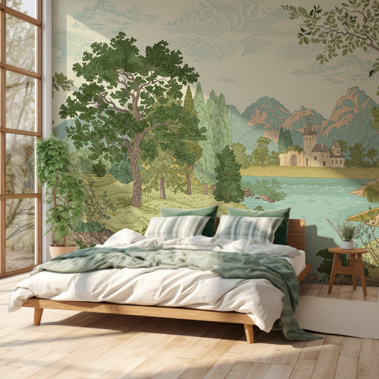 Castle Glade Wallpaper In Bedroom With Green Bedding On White Wooden Bed With Very Tall Windows With Light SHining Through