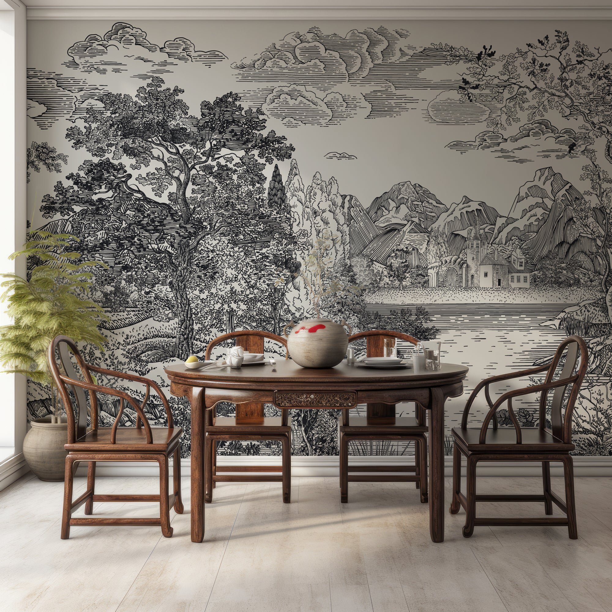 Wall Mural - Black and White Castle By The Lake - Traditional Wallpaper (Paste-the-wall) - Made to Measure