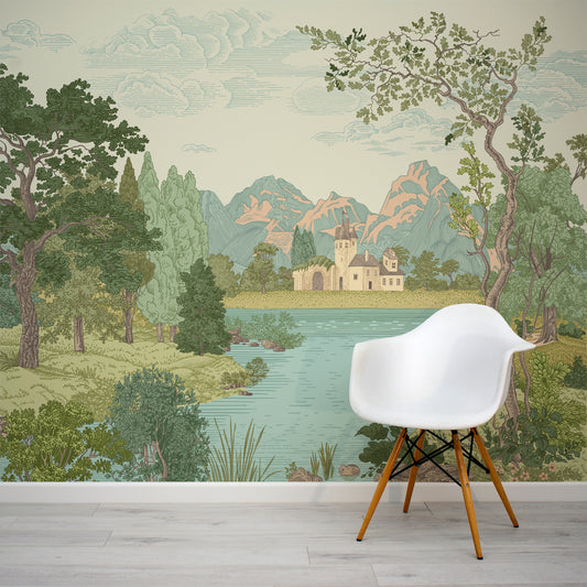 Castle Glade Wallpaper Mural In Room With White Chair