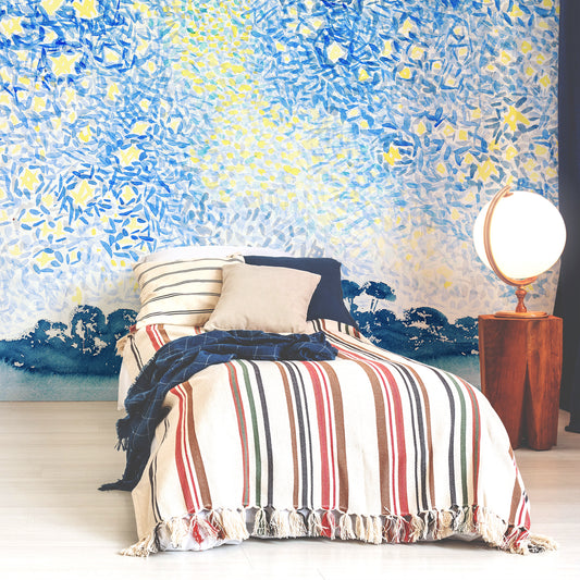 Celestial Dreams wallpaper in bedroom with blue red and white striped bed with glowing globe