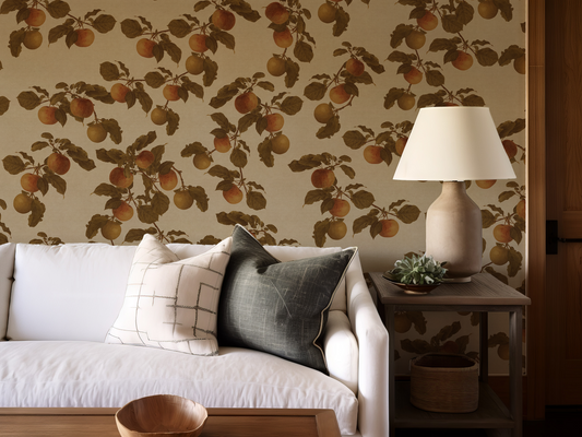 Cézanne Wallpaper in a living room with neutral colours side table and lamp