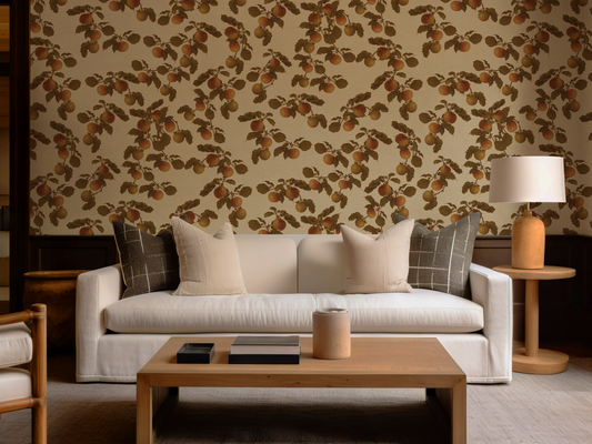 Cézanne Wallpaper in a living room with a side table and a lamp