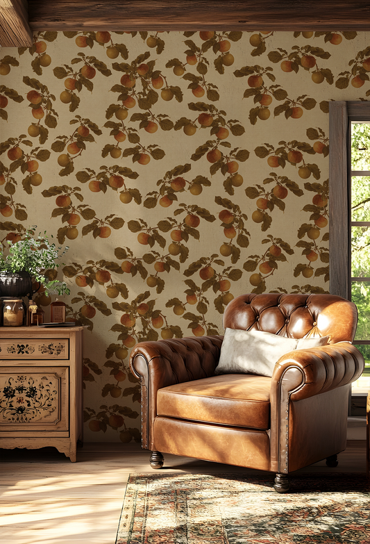 Cézanne Wallpaper in a living room with a leather chair and french doors