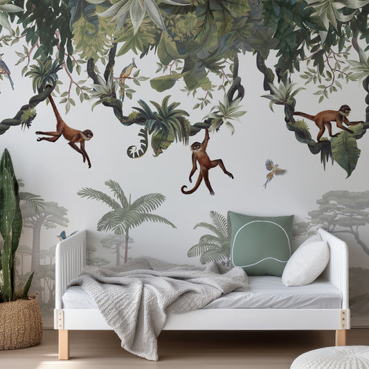 Cheeky Monkeys Wallpaper In Child's Bedroom With Green Bedding With White Bed And White Bed Frame