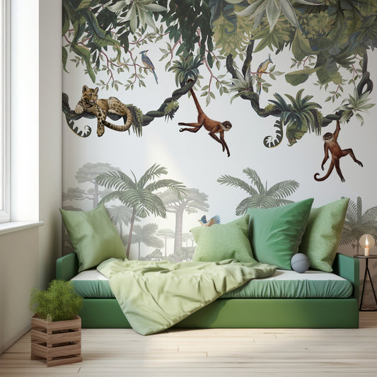 Cheeky Monkeys Wallpaper In Children's Bedroom With Single Dark Green Bed With Plants