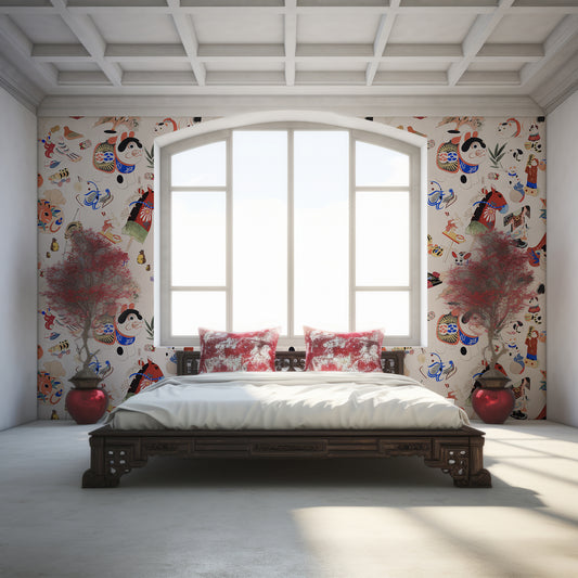 Chihiro Wallpaper In Bedroom With Dark Wooden Chinese Bed & Red Flower Trees
