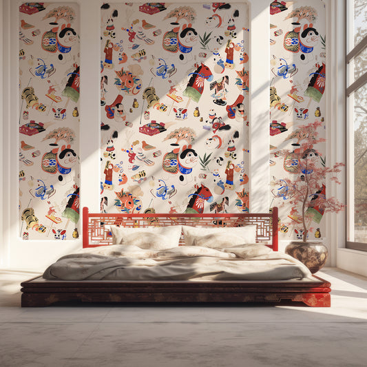 Chihiro Wallpaper In Chinese Bedroom With Dark Wooden & Red Bed With Panelled Wall