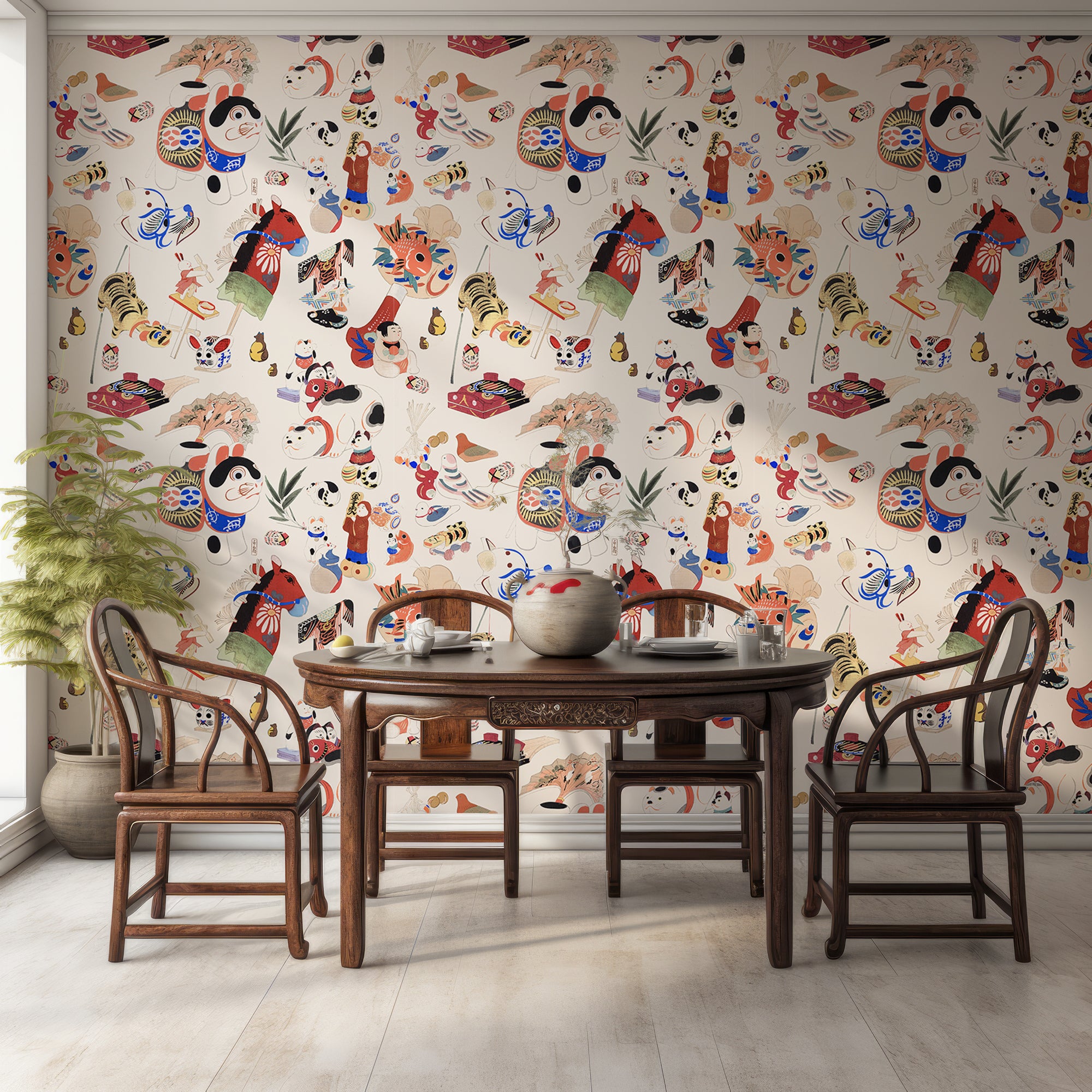 Wall Mural - Japanese Playful Characters and Animals Wallpaper - Removable Wallpaper (Peel & Stick) - Made to Measure