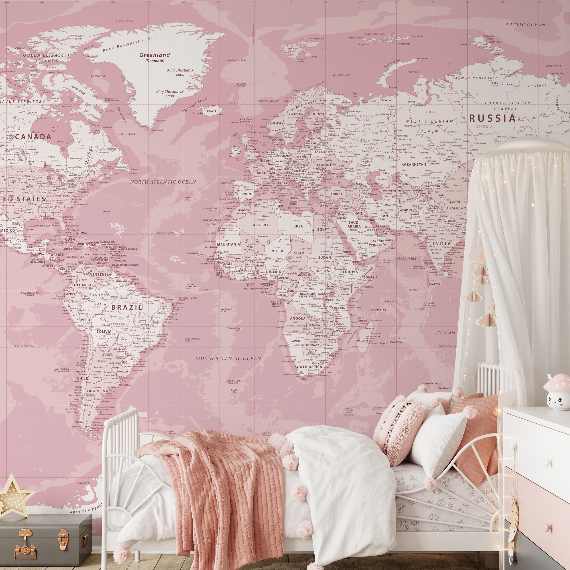 Wall Mural - Pink World Map - Traditional Wallpaper (Paste-the-wall) - Made to Measure
