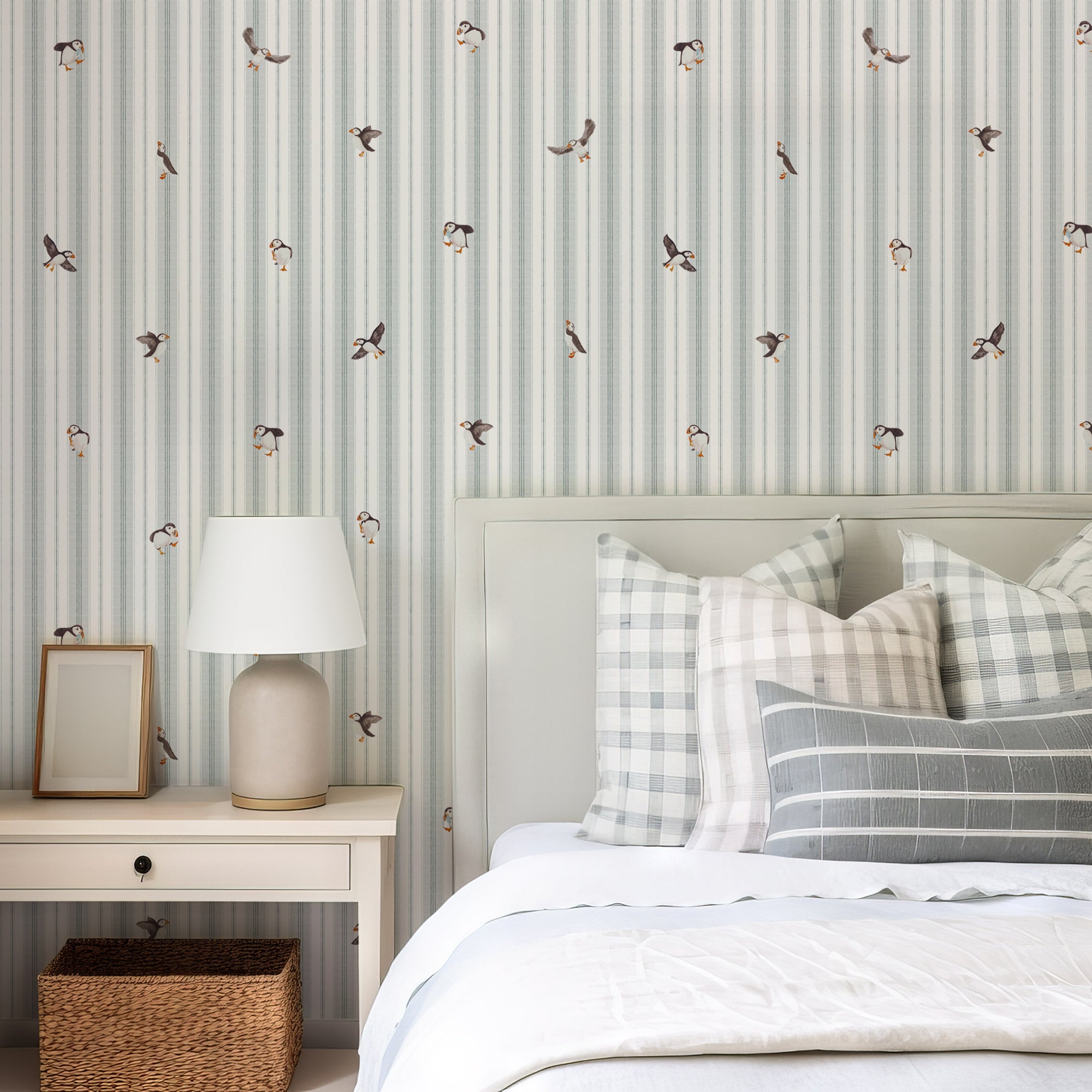 Wall Mural - Vintage Blue Puffin Stripe Wallpaper - Removable Wallpaper (Peel & Stick) - Made to Measure