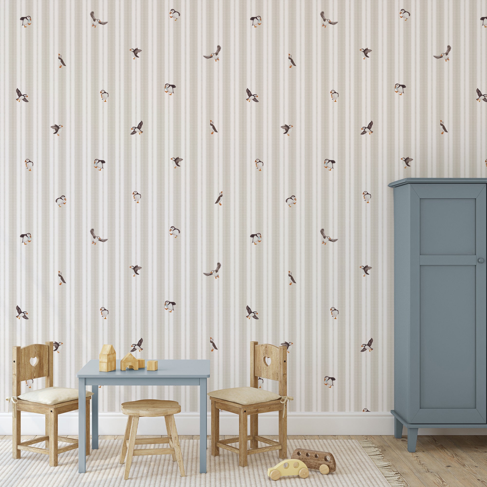 Wall Mural - Vintage Puffin Stripe - Removable Wallpaper (Peel & Stick) - Made to Measure