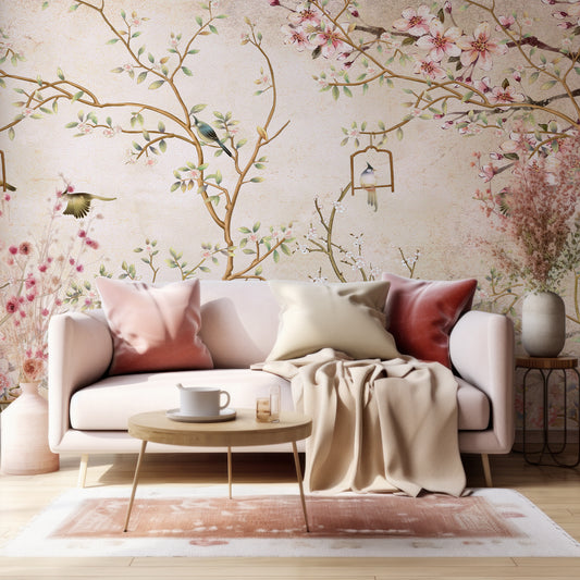 Chisine Rose Gold In Living Room With Beige Sofa With Red And Golden Cushions And Pink Plants