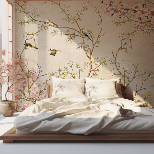 Chisine Rose Gold Wallpaper In Bedroom With Large Wooden Bed & Japanese Pink Plant