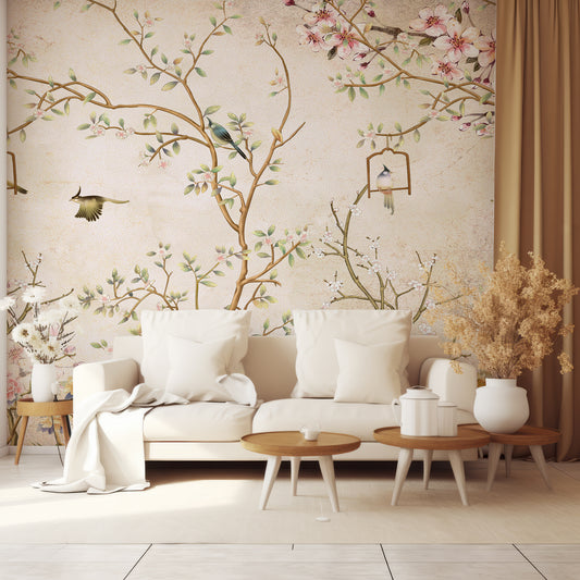Chisine Rose Gold Wallpaper In Living Room With Cream Sofa With Three Small Wooden Coffee Tables And Golden Curtain