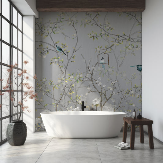 Chisine Silver Wallpaper In Bathroom With Bathtub And Dark Wooden Stool And Asian Plants