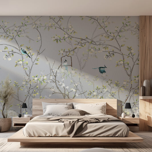 Chisine Silver Wallpaper In Bedroom With Wooden Bed, Grey Neutral Bedding, Black Lamps, Large Green Plant