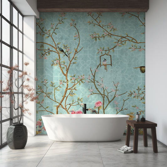 Chisine Wallpaper In Bathroom With Bathtub And Dark Wooden Stool And Asian Plants