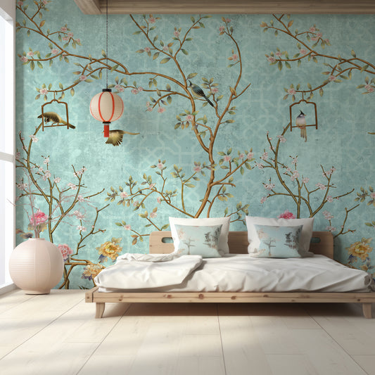 Chisine Wallpaper In Chinese Bedroom With Double Size Wooden Bed With White Bedding And Cushions