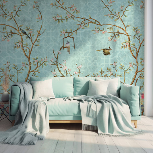 Chisine Wallpaper In Living Room With Light Mint Green Sofa, Cushions And Blankets