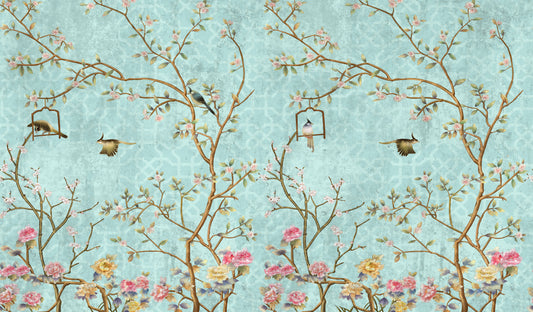 Chisine - Blue Chinoiserie Branches & Birds Wallpaper Mural