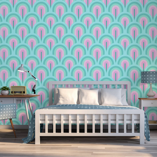 Circular Cascade Wallpaper Mural In Bedroom With Polka Dot Bed