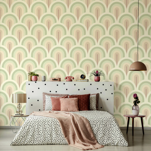 Circular Cascade Wallpaper Mural In Ladies Bedroom With Polka Dot Bed