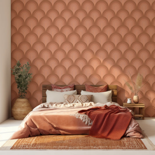 Cirular Cascade Brown In Bedroom With Red Bedding On Large Dark Wooden Bedframe