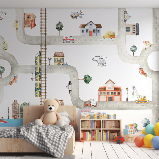 City Of Vehicles Wallpaper In Child's Bedroom With Wooden Bed, Big Teddy Bear And Bookshelf With Balloons