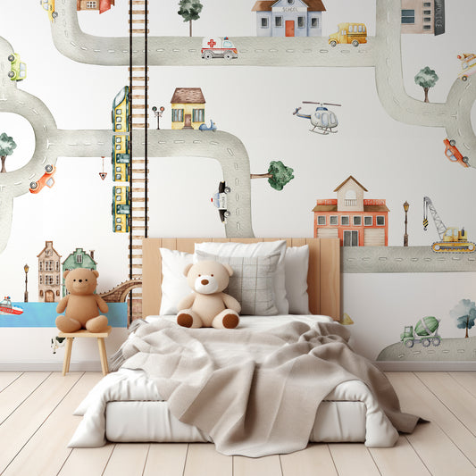 City of Vehicles Wallpaper In Children's Bedroom With Beige And Grey Bedding With Teddy Bears On Bed