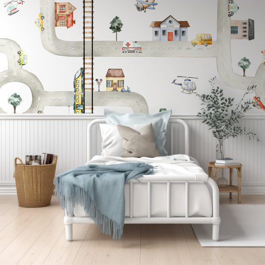 City of Vehicles Wallpaper In Room With White Wood Panelling And Small Single Bed With Blue Cushions