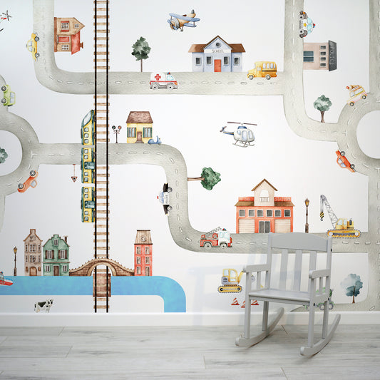 City of Vehicles Wallpaper Mural In Room With Small Grey Chair