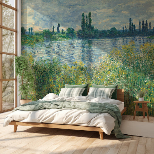 Claude Wallpaper In Bedroom With Green Bedding On WHite Wooden Bed With Very Tall Windows With Light SHining Through