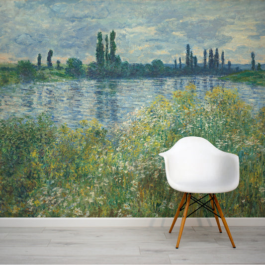 Claude Monet River Painted Landscape Wallpaper with White Eames Chaire
