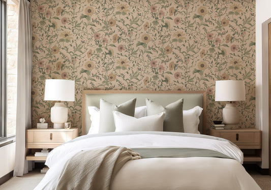 Bedroom with the Clytie floral wallpaper, bed, and lamps