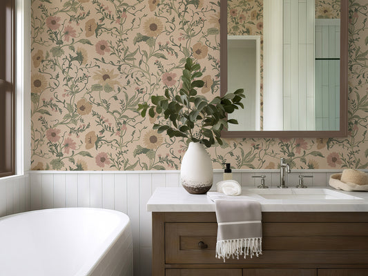 Bathroom with the Clytie floral wallpaper, sink, and bathtub
