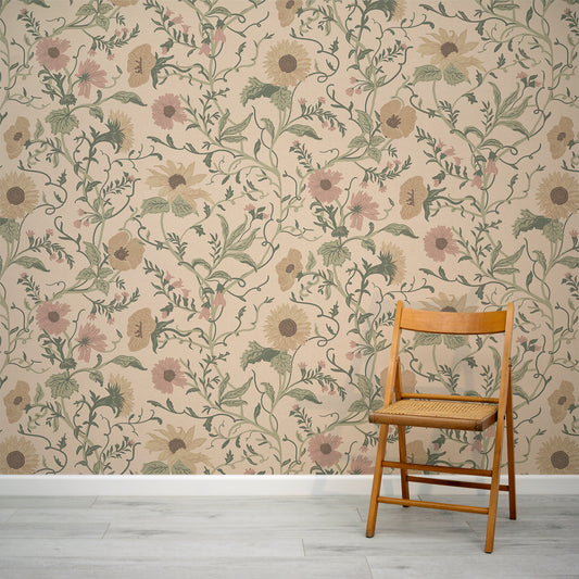 Clytie Floral wallpaper with a wooden chair in front