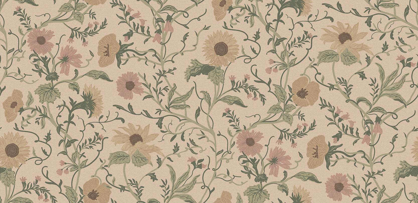 Clytie Floral pattern with sunflowers and vines on a beige background
