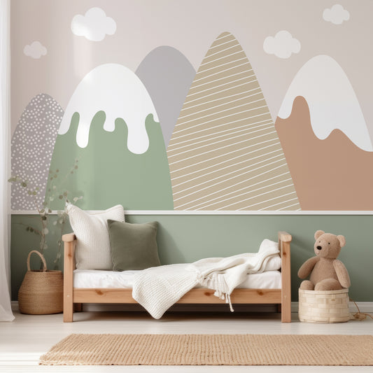 Craggie In Child's Bedroom With Small Wooden Bed And White And Green Bedding With Half Wallpapered Wall