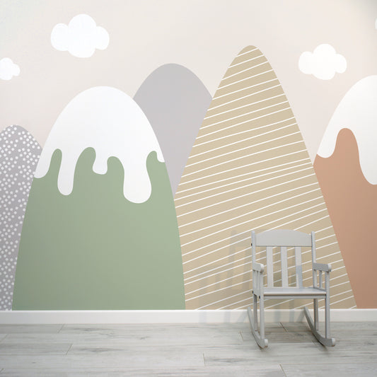 Craggie Sage & Orange Patterned Children's Mountain Wallpaper Mural with Baby Chair