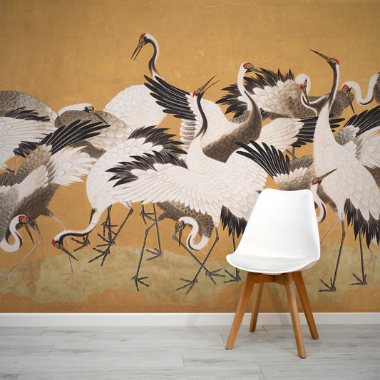 Crane Birds Wallpaper In Room With White Chair