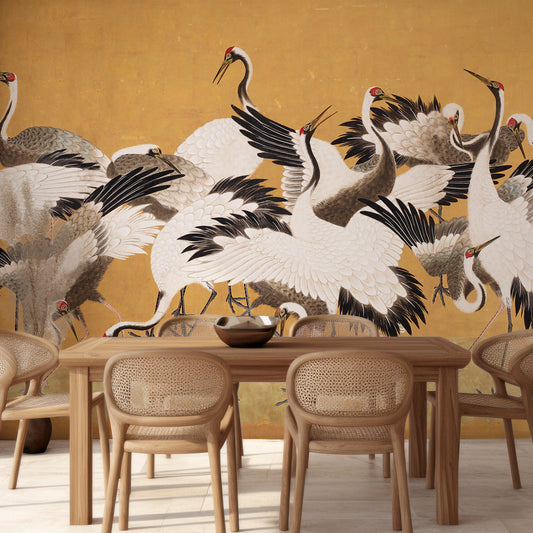 Crane Birds Wallpaper In Dining Room With Wooden Table And Chairs And Beige Plant