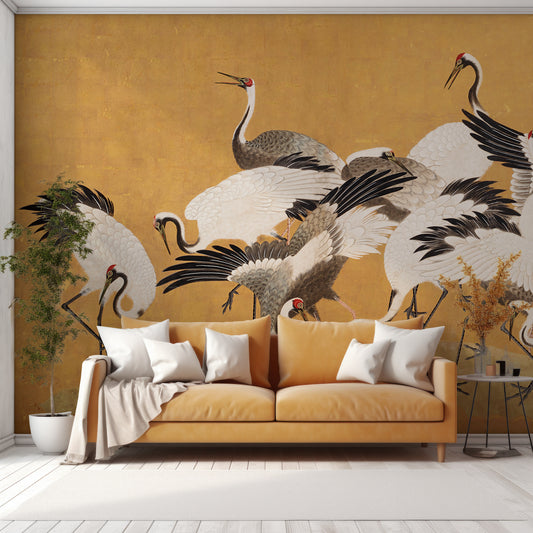Crane Birds Wallpaper In Living Room With Large Mustard Yellow Sofa And Trees