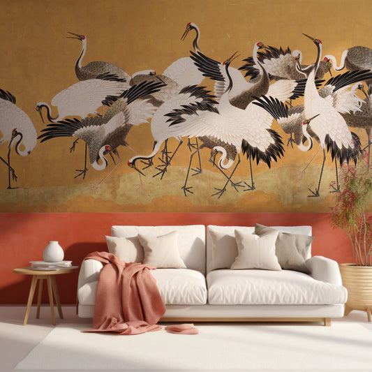 Crane Birds Wallpaper In Living Room With White Sofa & Half Red Wall