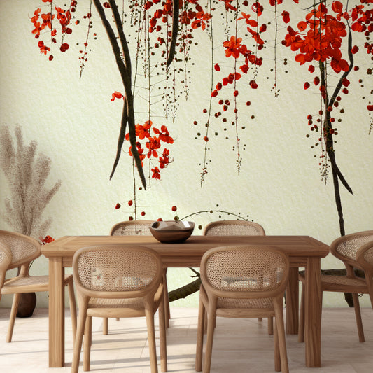 Crimson Blossom Wallpaper In Dining Room With Wooden Table And Chairs And Beige Plant