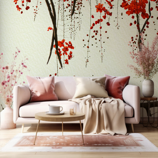 Crimson Blossom Wallpaper In Living Room With Beige Sofa With Red And Golden Cushions And Pink Plants