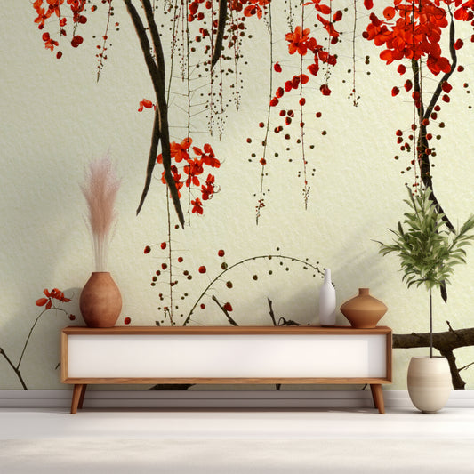 Crimson Blossom Wallpaper In Room With Cabinet, Green Plant And Moss In Golden Vase